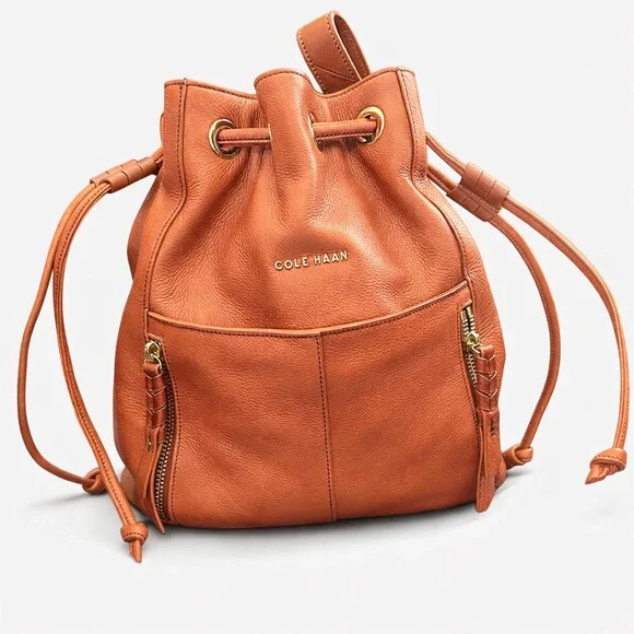 Cole Haan Cognac Pebbled Leather Bucket Bag Drawstring Shoulder Crossbody - Picture 2 of 11